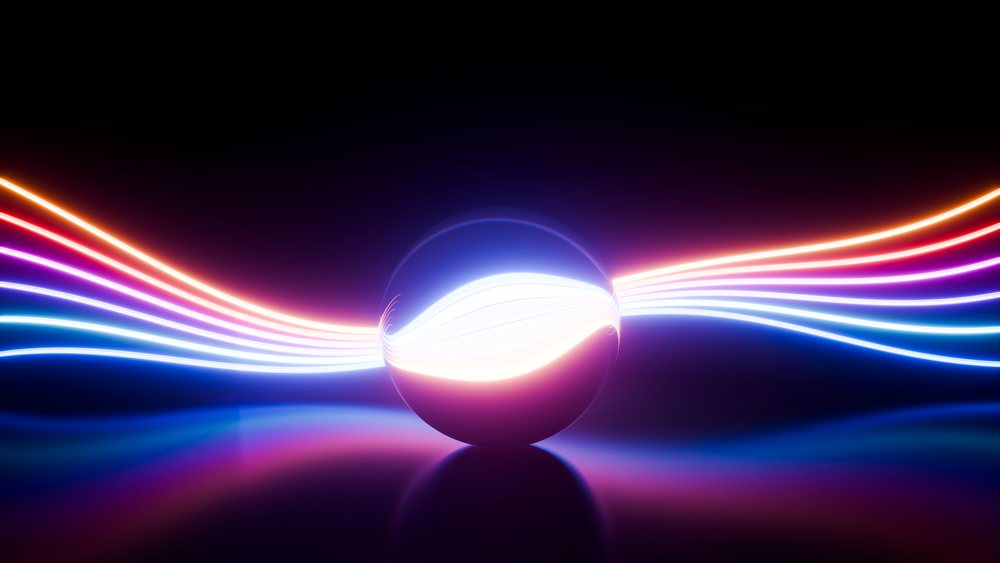 Glowing central sphere with colorful light trails and reflections on a dark background in a 3D digital abstract illustration.