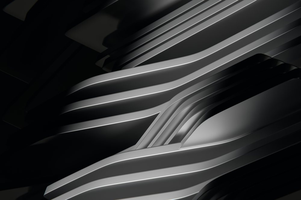 Abstract 3D render featuring smooth curved geometric shapes and layered surfaces on a dark background.