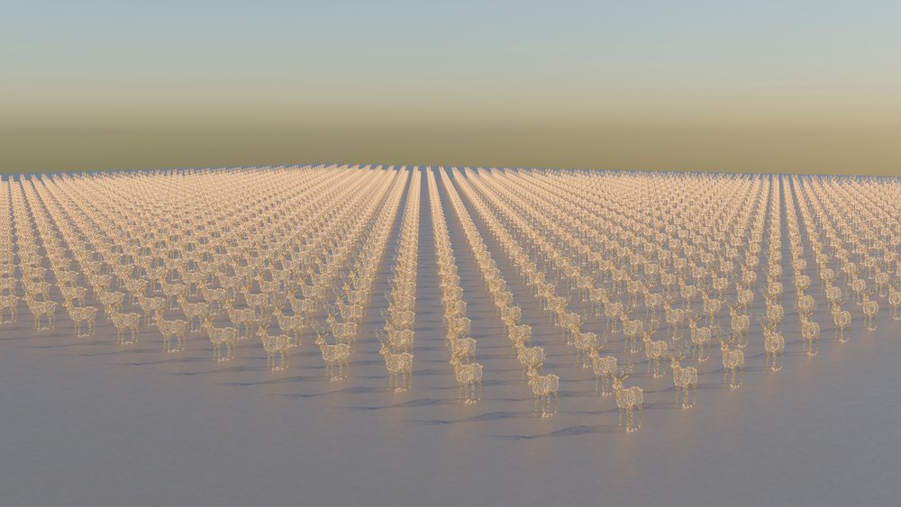 Glowing deer-shaped light sculptures arranged in symmetrical rows in an outdoor installation at sunset.