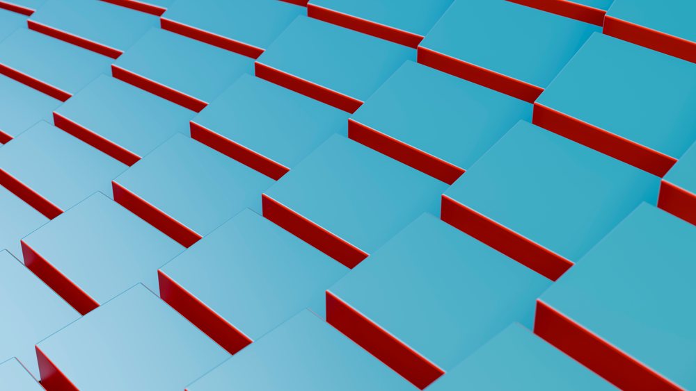 Geometric pattern of blue square blocks with red edges.