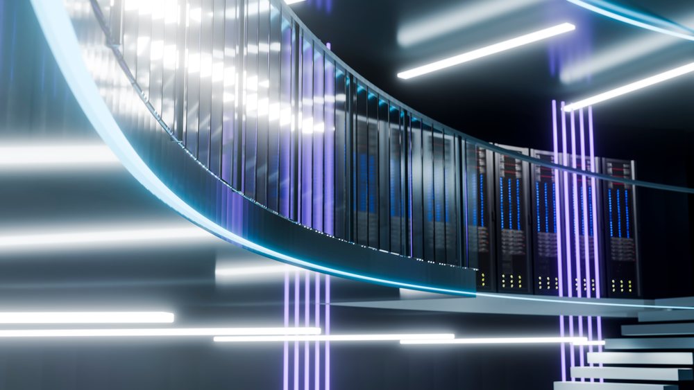 Server racks enclosed by curved glass panels with LED lighting in a modern data center environment.