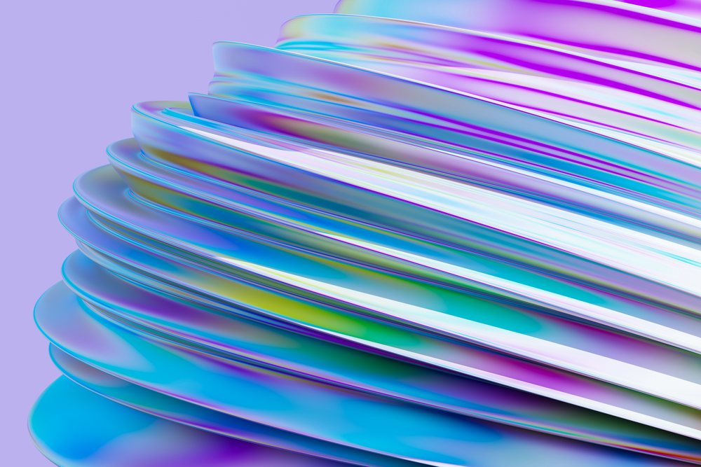 Abstract digital 3D render of colorful layered curved shapes with iridescent reflections on a blue and purple gradient background.