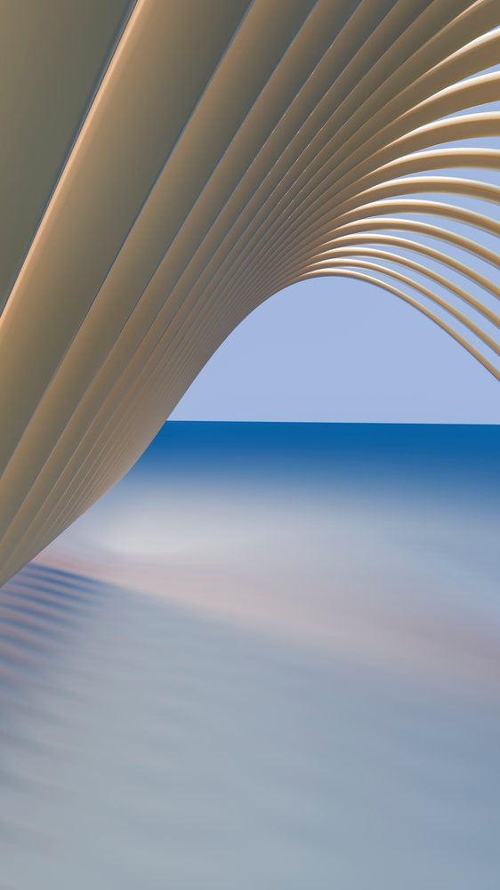 Beige curved sculpture featuring multiple arches set against a blue background in a minimalist digital art style.