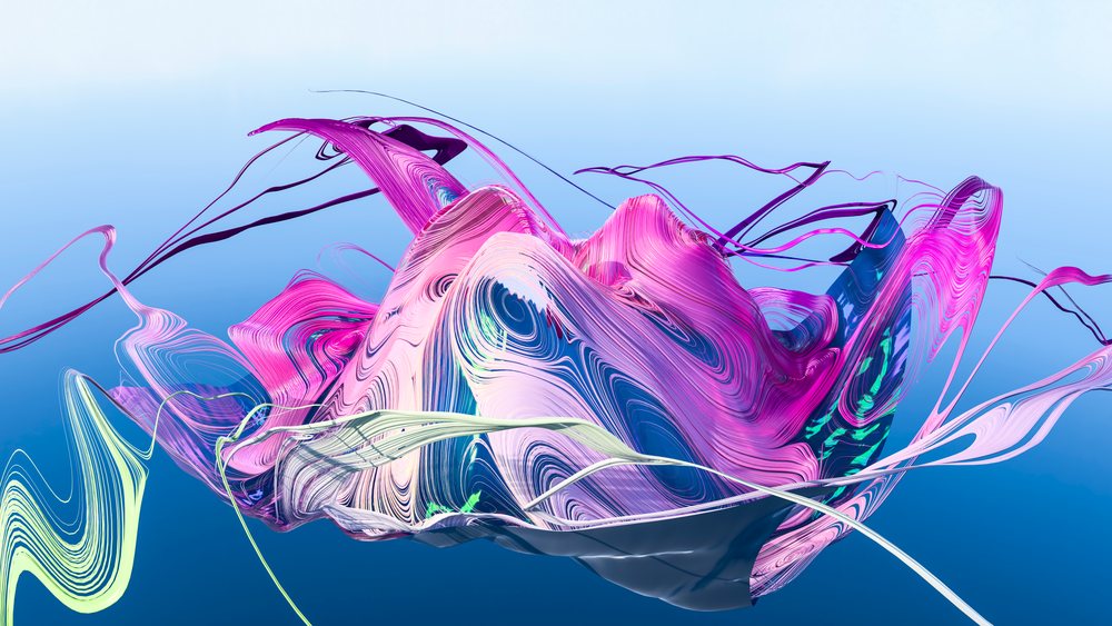 Flowing colorful swirls and waves create a dynamic abstract digital artwork on a smooth blue background.