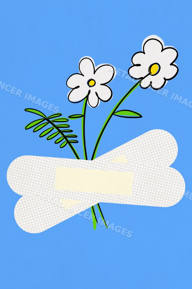 Illustration of white bandages crossed with flowers on blue background