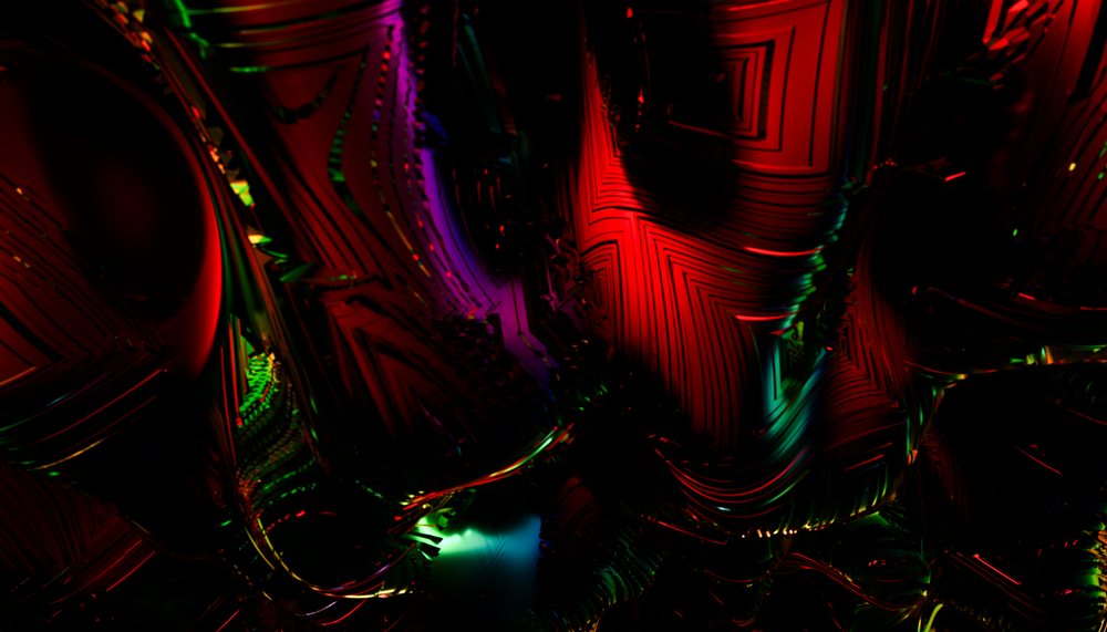abstract digital art featuring dark reflective surfaces with red, green, and purple lighting creating a geometric pattern.