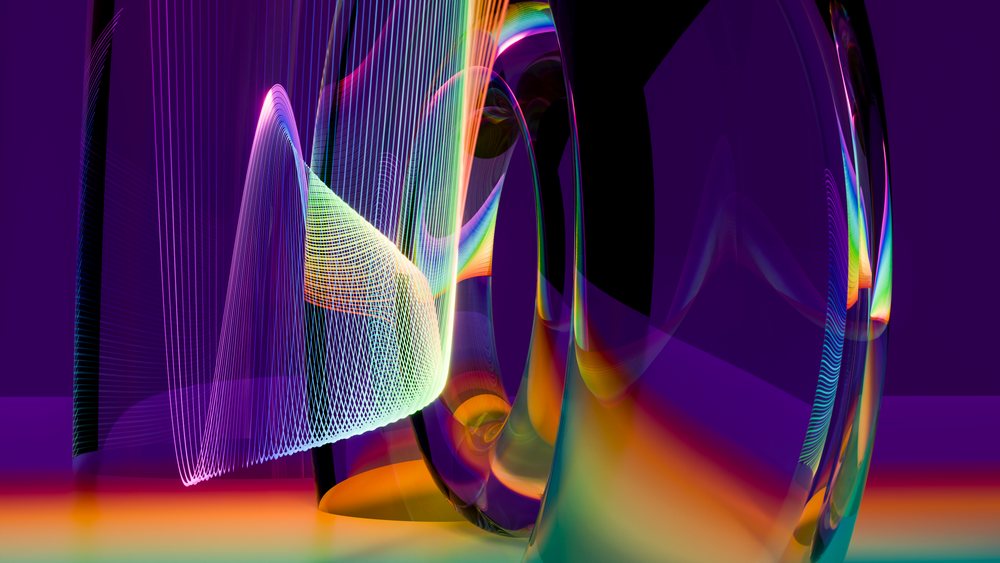 Colorful abstract digital art featuring fluid light trails and vibrant rainbow shapes on a dark background.