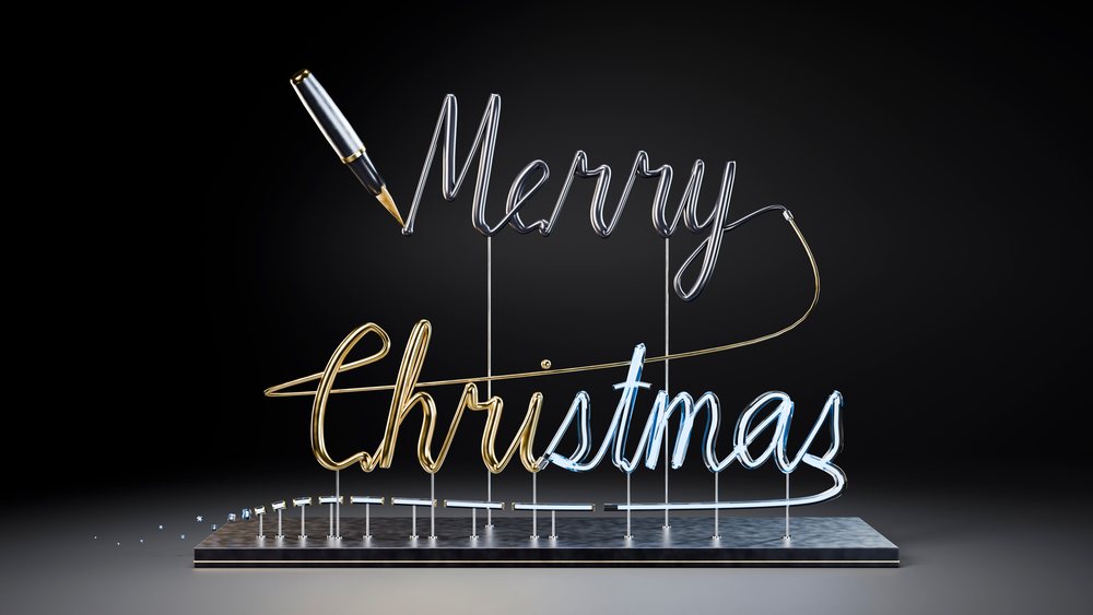 Stylish 3D metal wire sign spelling 'Merry Christmas' with a pen tip on a black background.
