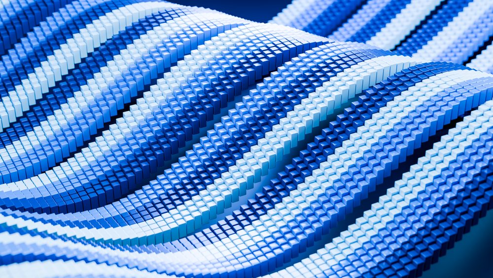 3D blue cubes forming flowing wave shapes in a digital and geometric abstract style.