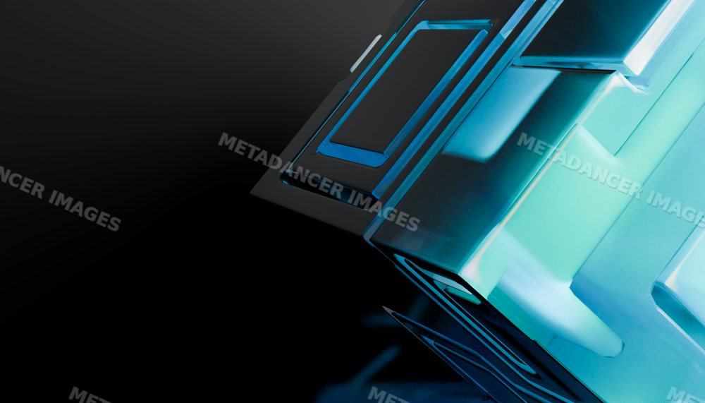 Close view of a futuristic blue 3d abstract cube with reflective
