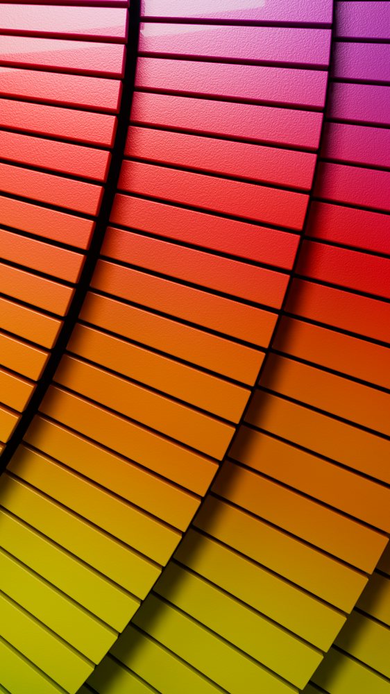 Rows of rectangular paint swatches in pink, red, orange, and yellow gradients arranged in curved parallel bands.