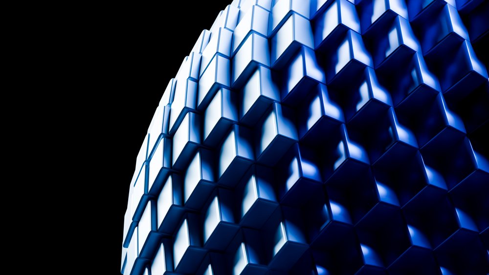 Blue 3D cubes form a hexagonal grid pattern in this abstract digital illustration.