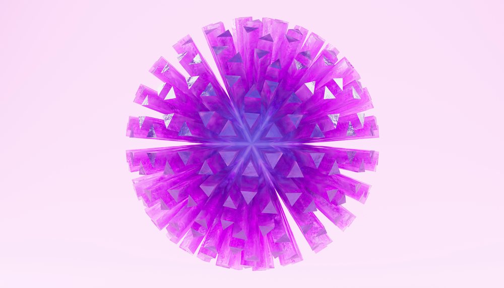 Purple symmetrical 3D geometric crystal sphere floating on a plain light pink background in studio.