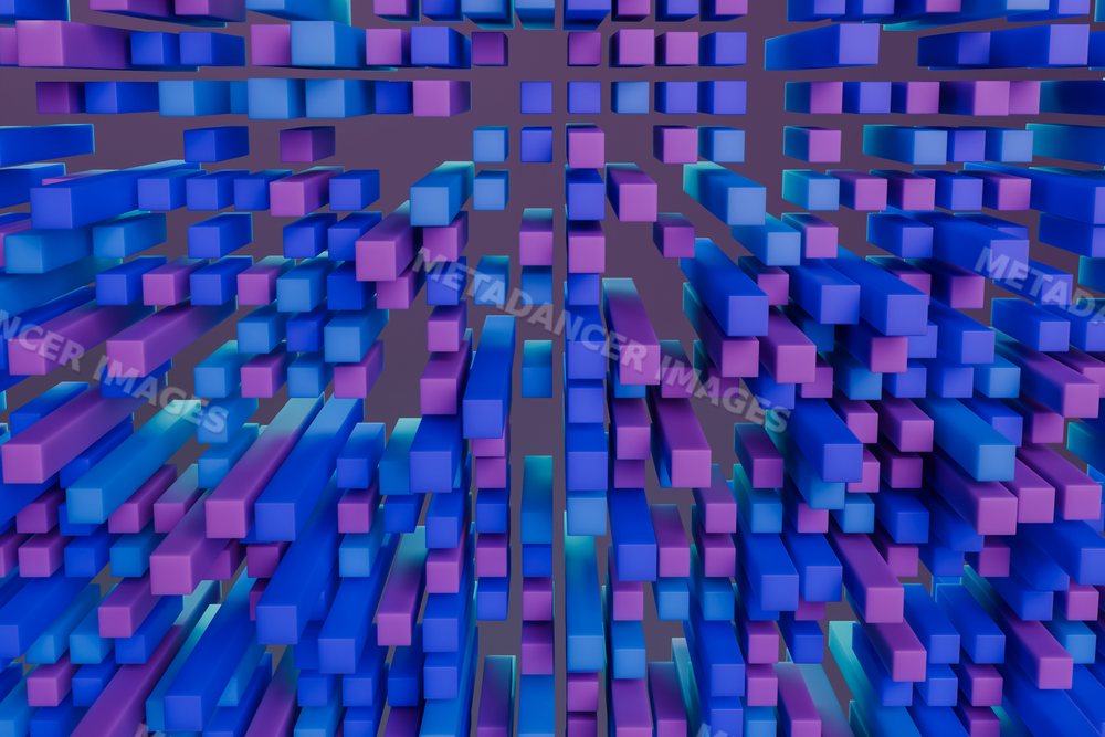 3d rendered abstract pattern of blue and purple rectangular blocks