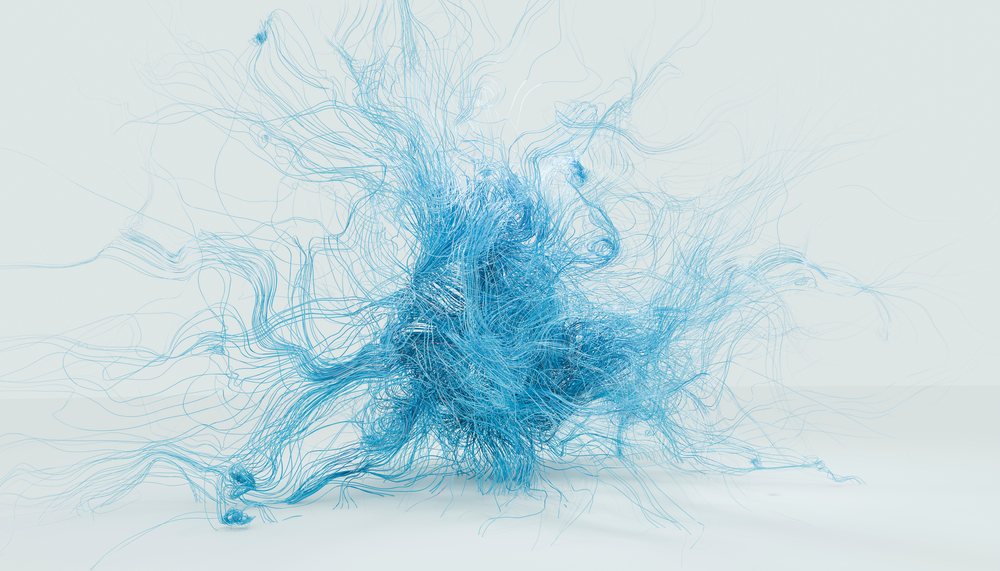 Blue flowing digital lines forming a complex and tangled abstract structure on a light background.