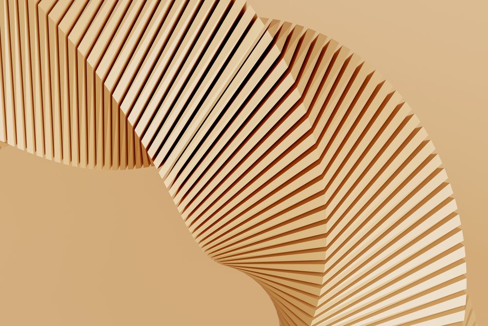 Abstract 3D rendered curved pattern with twisted geometric shapes in beige as a modern minimalist background.