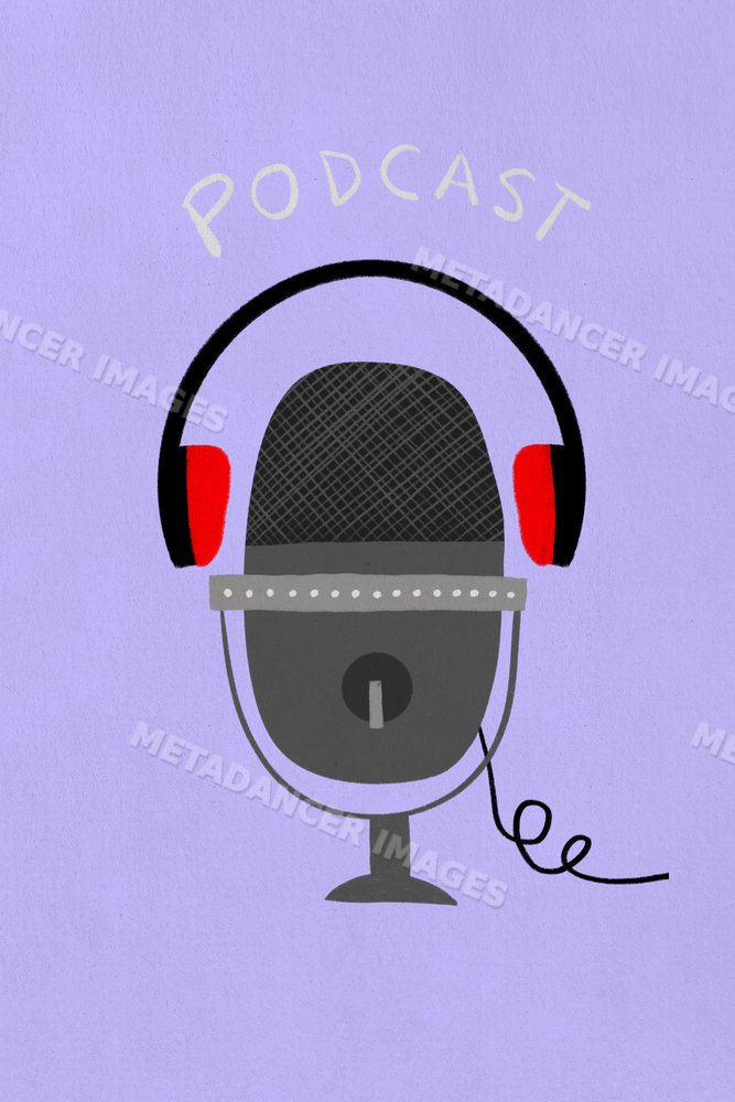 Digital illustration of a microphone with headphones and generic audio