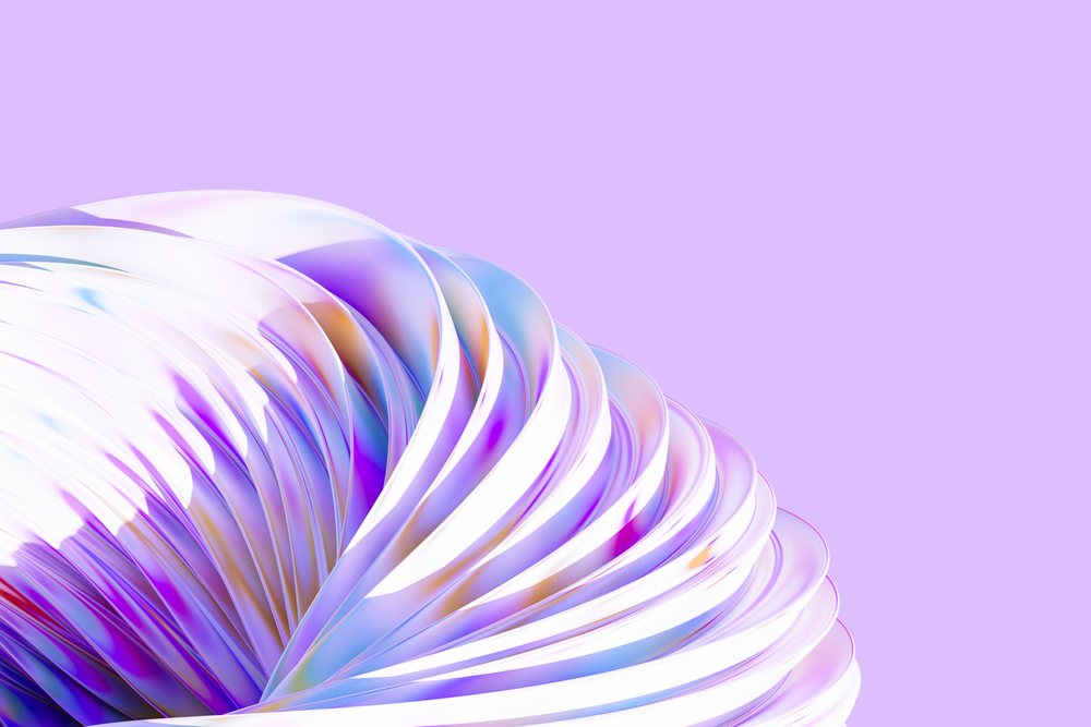Abstract 3D rendering of colorful glossy curved spiral shapes on a purple background.