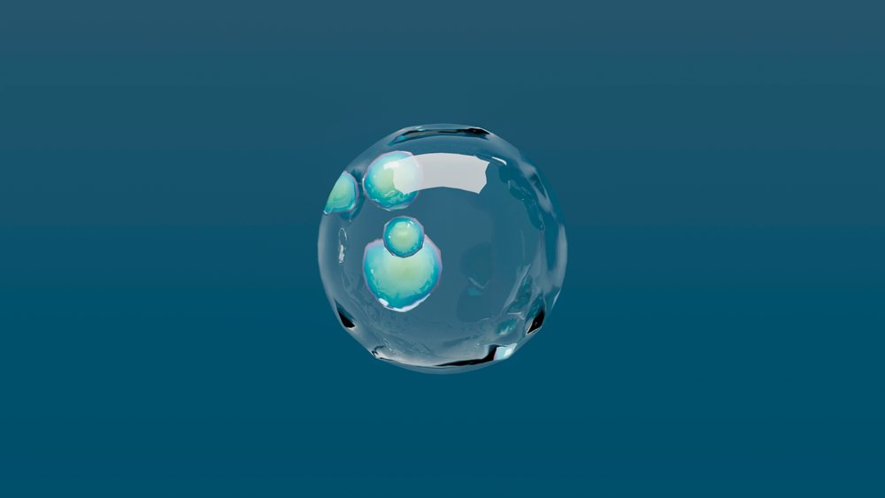 Transparent floating bubble containing smaller bubbles inside against a solid blue background.