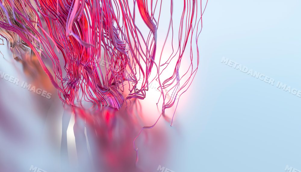 Close-up of colorful pink and purple wires flowing over reflective