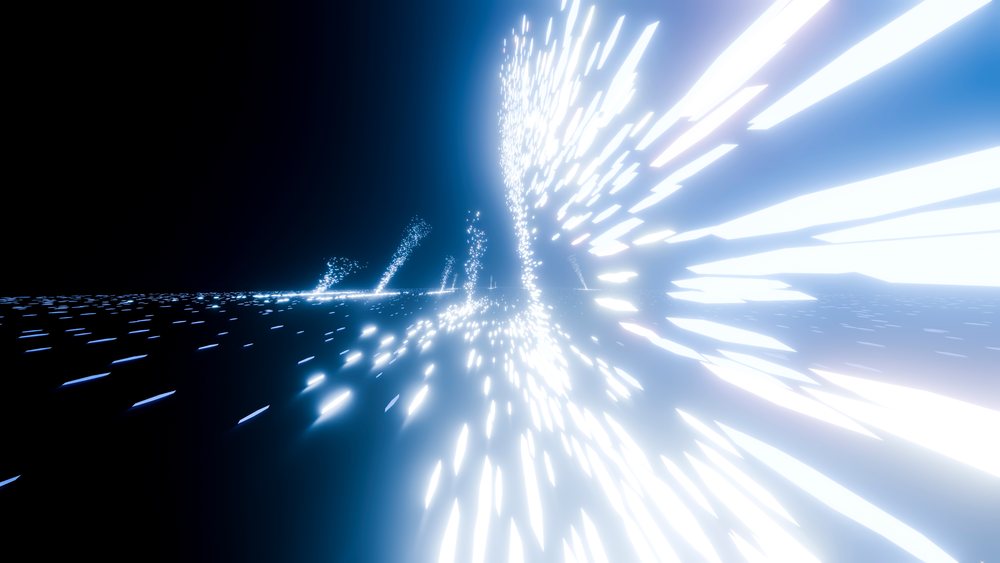 Bright blue light streaks and scattered particles create a digital luminous effect on a dark background.