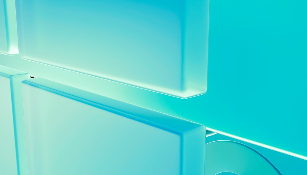 Abstract 3D render showing blue-toned overlapping rectangular shapes with smooth edges and gradient lighting in a geometric composition.