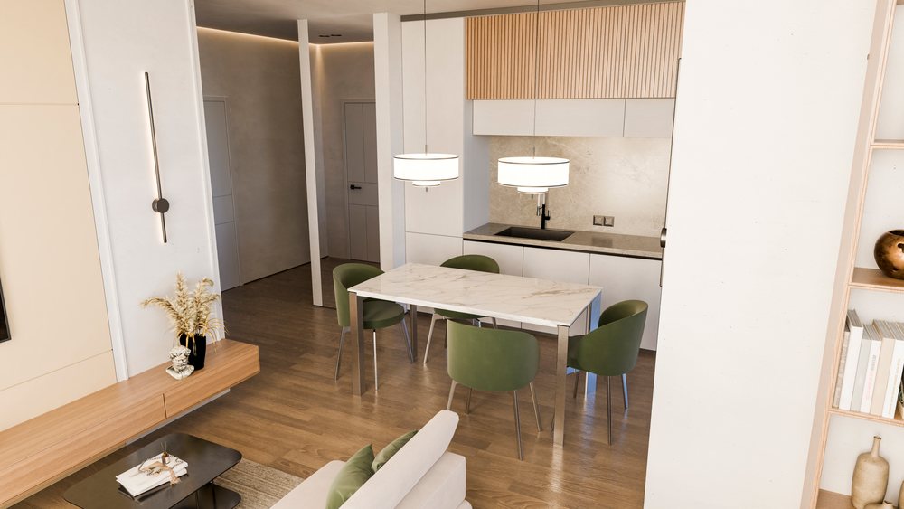 Modern kitchen and dining area with a marble table, four green chairs, hanging lamps, wooden floor, and decorative elements in a cozy apartment interior.