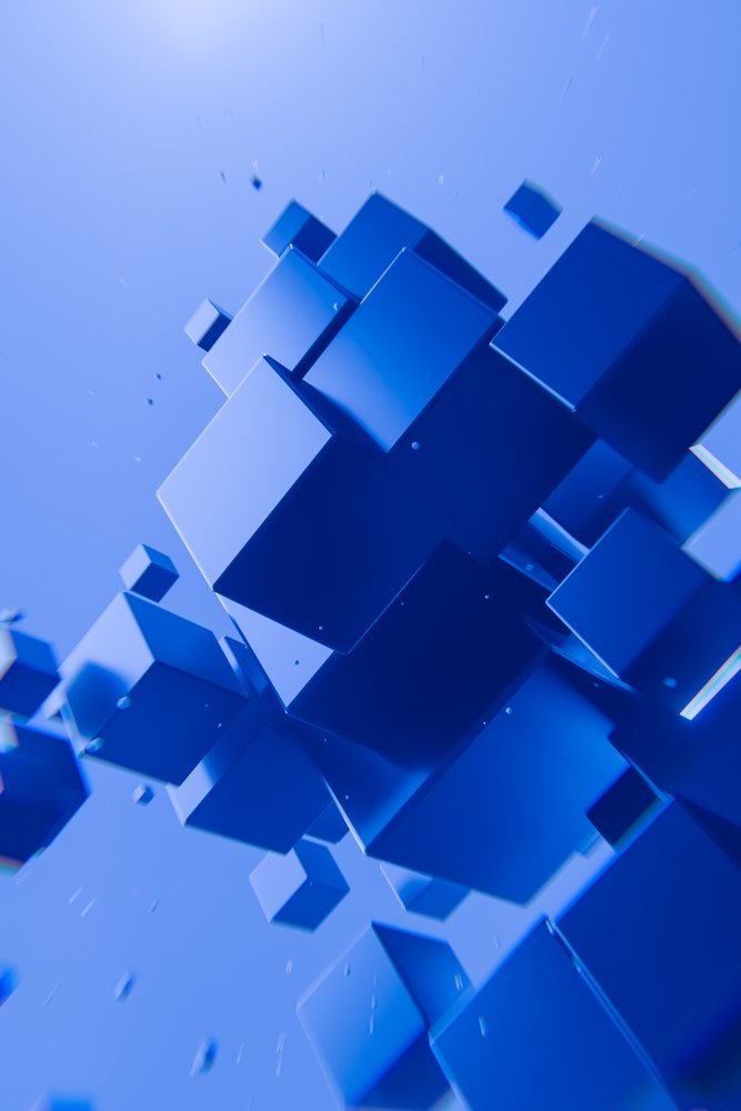 Blue 3D floating cubes arranged in an abstract render background with digital geometric shapes.