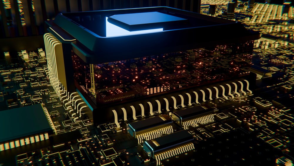 3D rendered image of a microprocessor mounted on a printed circuit board with glowing electronic components and visible electrical connections.