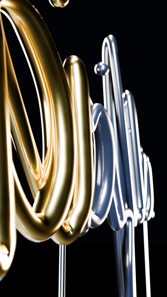 Close-up of intertwined gold and silver metallic tubes forming an abstract looped sculpture against a black background.