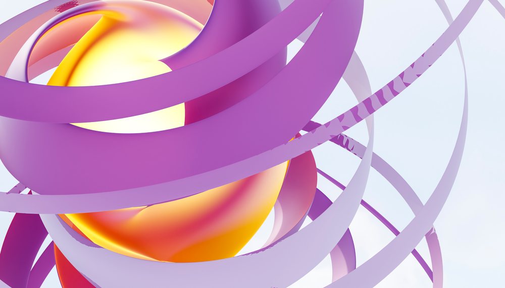 3D rendering of a yellow orb wrapped by twisting purple ribbons in a futuristic abstract design.