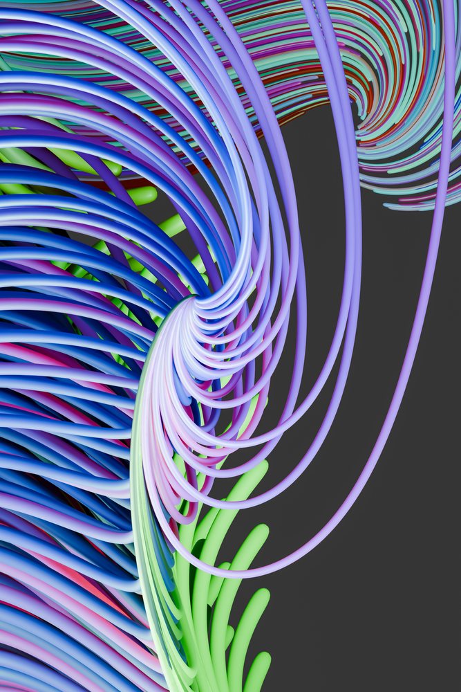 Colorful abstract loops and curved 3D lines form a dynamic artistic composition on a dark background.