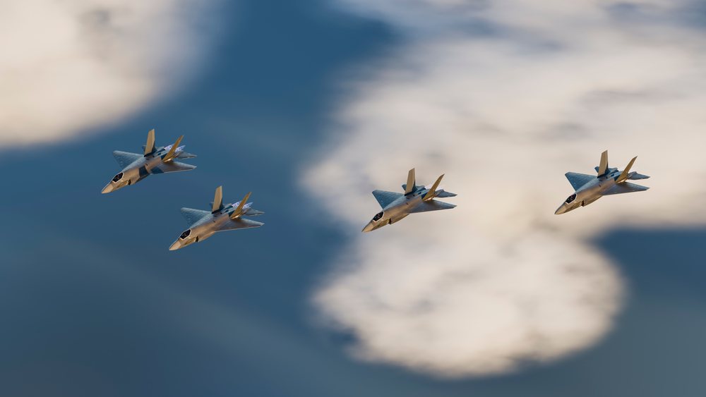 Four fighter jets fly in formation over clouds, demonstrating aerial military aviation and defense technology, war, security.