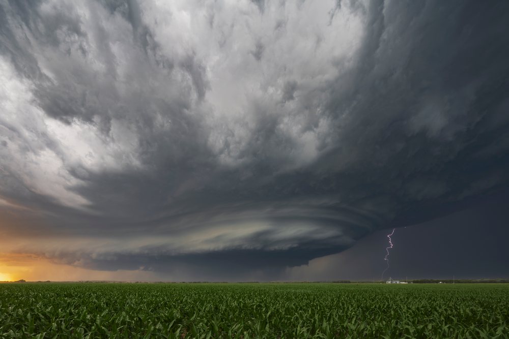 Supercell storm with sculpted base and lightning striking over a corn field at Sunset, Ord, Nebraska, USA.