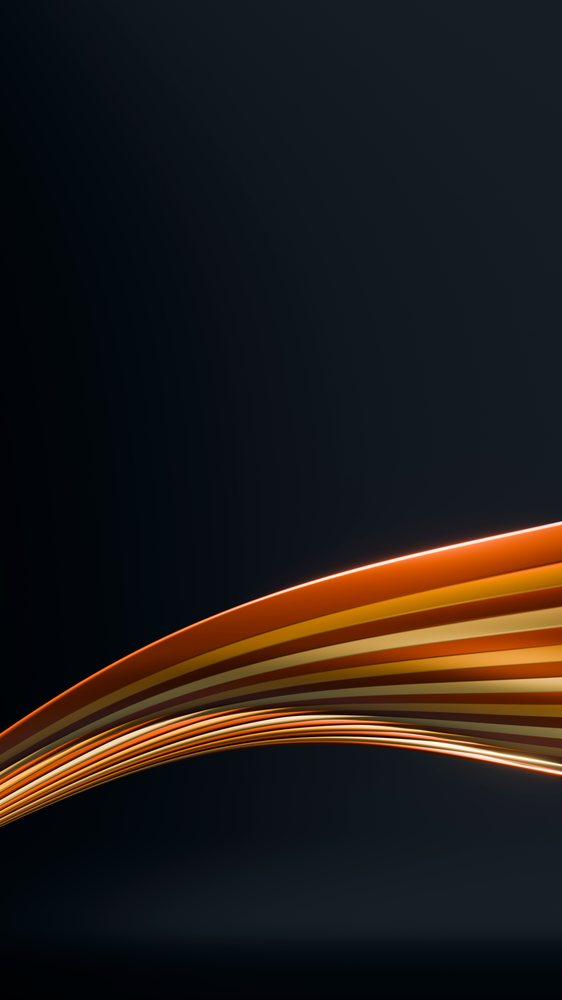 Digital illustration of abstract flowing orange and yellow ribbon waves on a dark background.