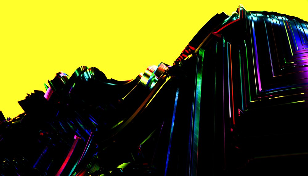 Abstract 3D digital structure with colorful lines and black shapes against a bright yellow background.