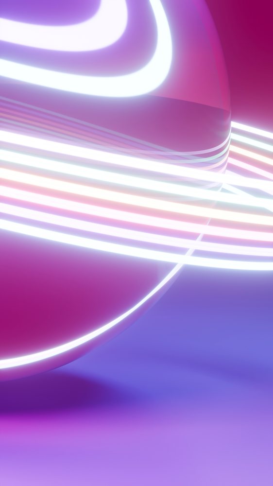 Glowing 3D sphere with neon light ribbons on a purple background in digital abstract art.