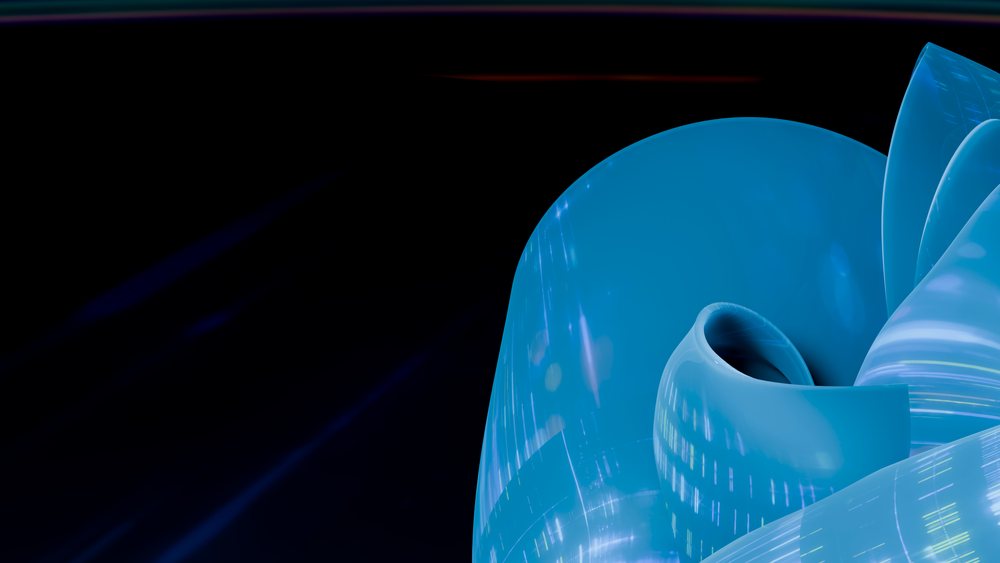 Blue abstract sculpture with curved glossy shapes and light reflections on a dark background.
