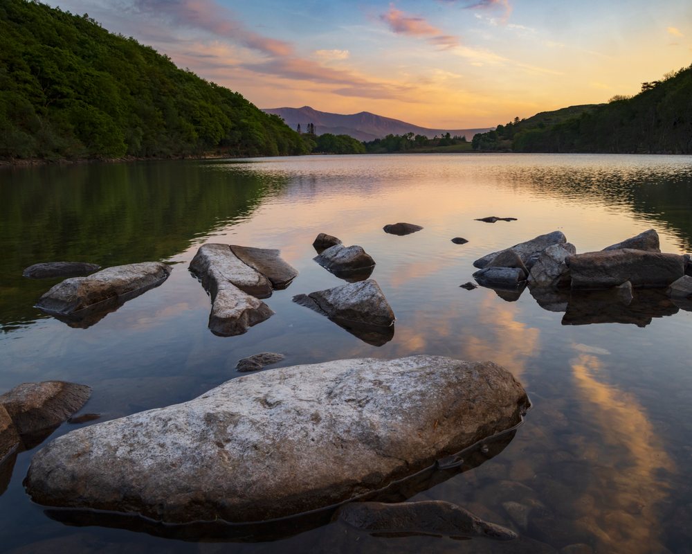 Lake Llyn Cuinwch at Sunset with calm water, scattered rocks, forested banks, and mountains in the distance reflecting in the lake, Landscape, Dolgellau, Gwynedd, Wales.