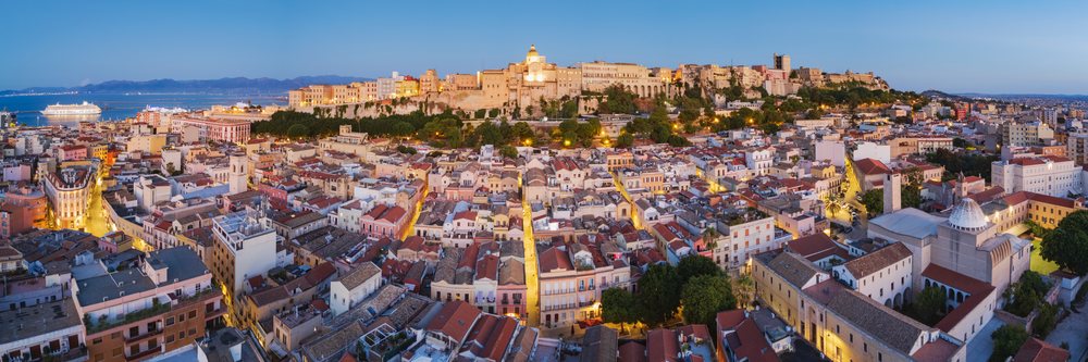 Panoramic evening view of the Stampace District and historic Citadel, Travel Photography, Cagliari, Sardinia, Italy.