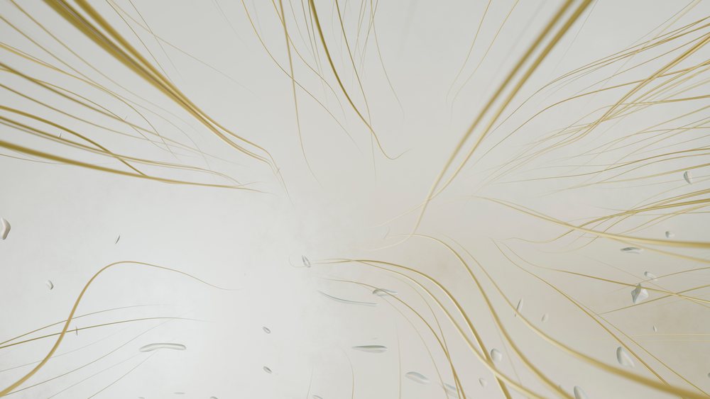 Close-up of floating blond hair strands with visible damage and breakage details on a white background.