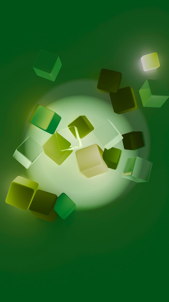 Multiple green and transparent glowing cubes float over a green background with a lighter glowing circle in this digital 3D illustration.
