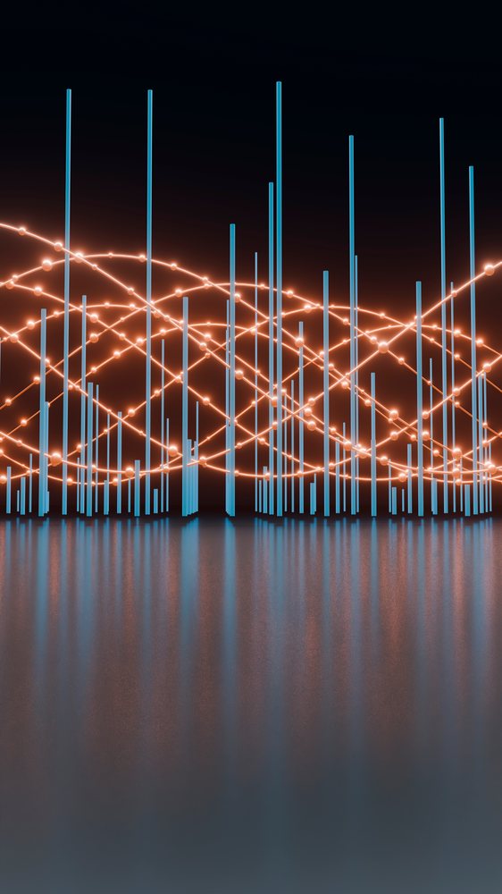 Abstract digital visualization featuring blue vertical bars and interconnected glowing orange spheres over a reflective surface.