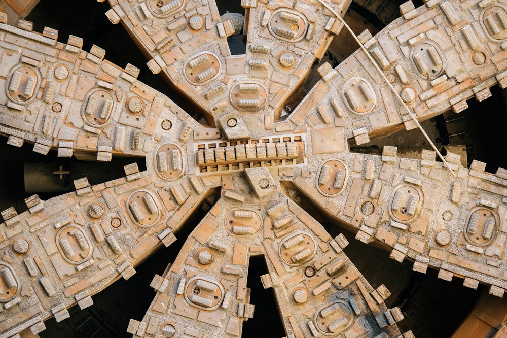 Close-up view of the cutting head of a tunnel boring machine used in construction, a tunnel boring machine, drilling, USA.