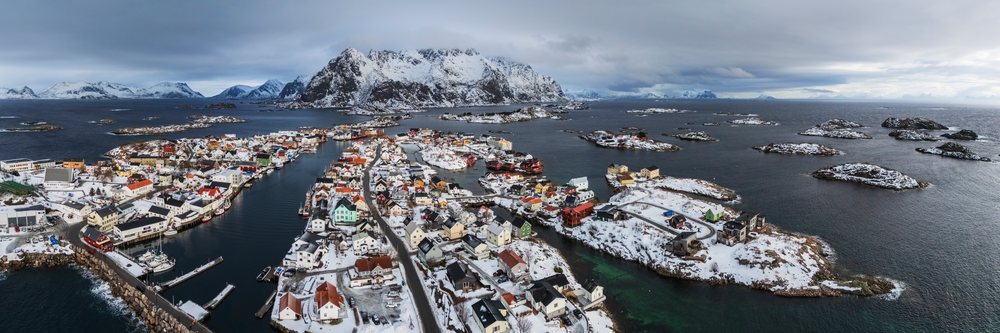 Aerial view of the snow-covered town of, Landscape, Henningsvaer, Lofoten, Norway.