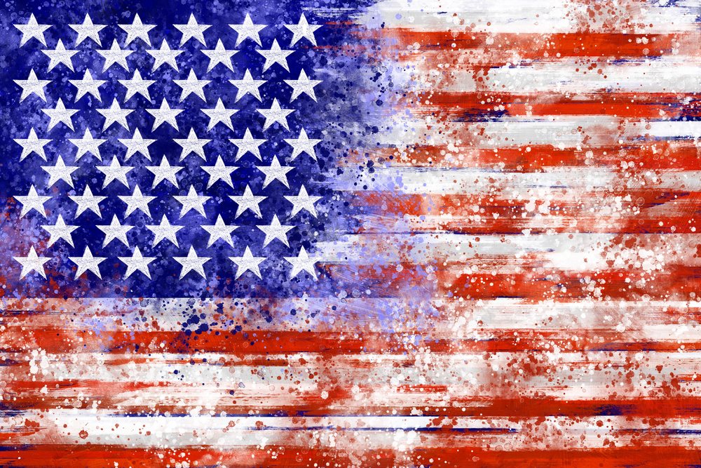Illustration of a flag with a grunge paint splatter effect.