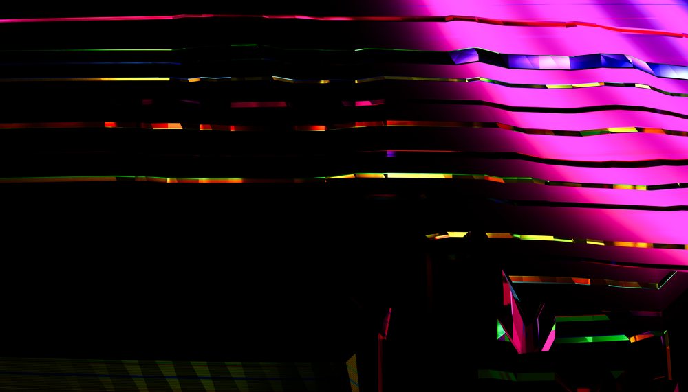 Abstract digital artwork featuring colorful neon-like geometric shapes and bright lines on a dark background.