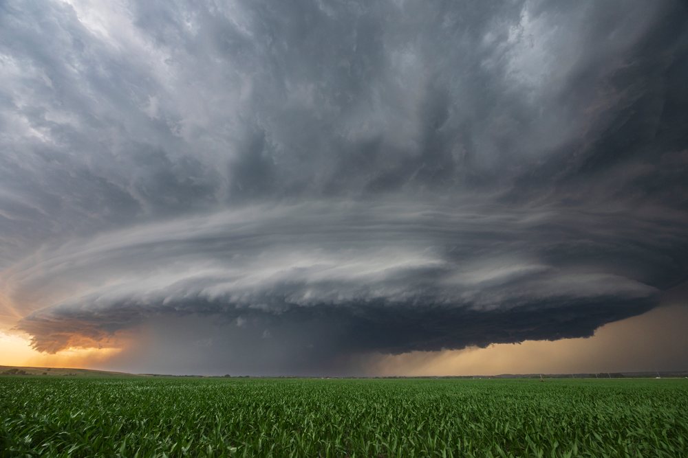 Supercell storm formation with tornado warning at Sunset above a cornfield in Tornado Alley, Ord, Nebraska, USA.