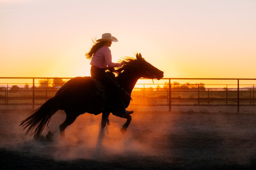 Woman riding a horse in an arena at sunset in the Southwest USA, kicking up dust in motion.