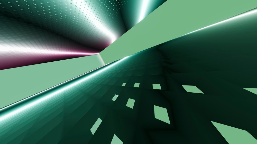 Geometric abstract digital art featuring illuminated green blocks and reflected light surfaces.